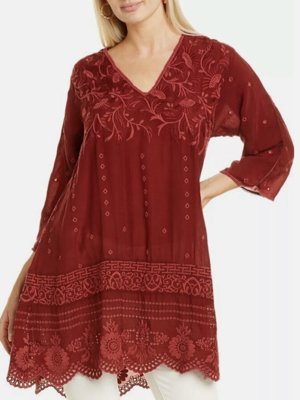 Johnny Was Mert Tunic Women's XS Embroidered V-Neck Tunic -Burgundy